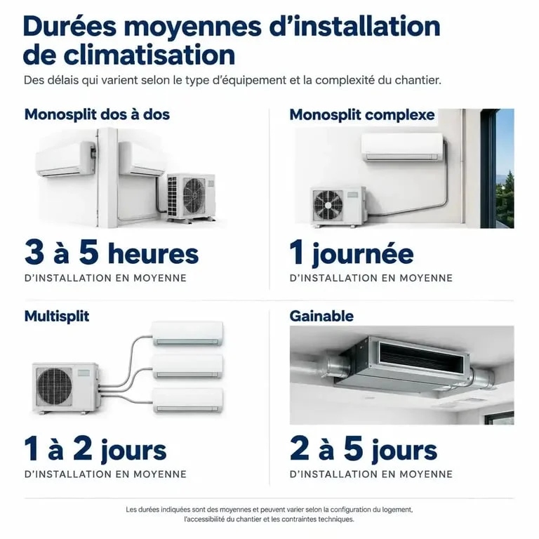 Infographie des durées moyennes d'installation de climatisation selon le type de système