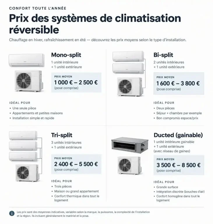 Tableau comparatif des prix d'installation d'une climatisation réversible selon le type d'unité