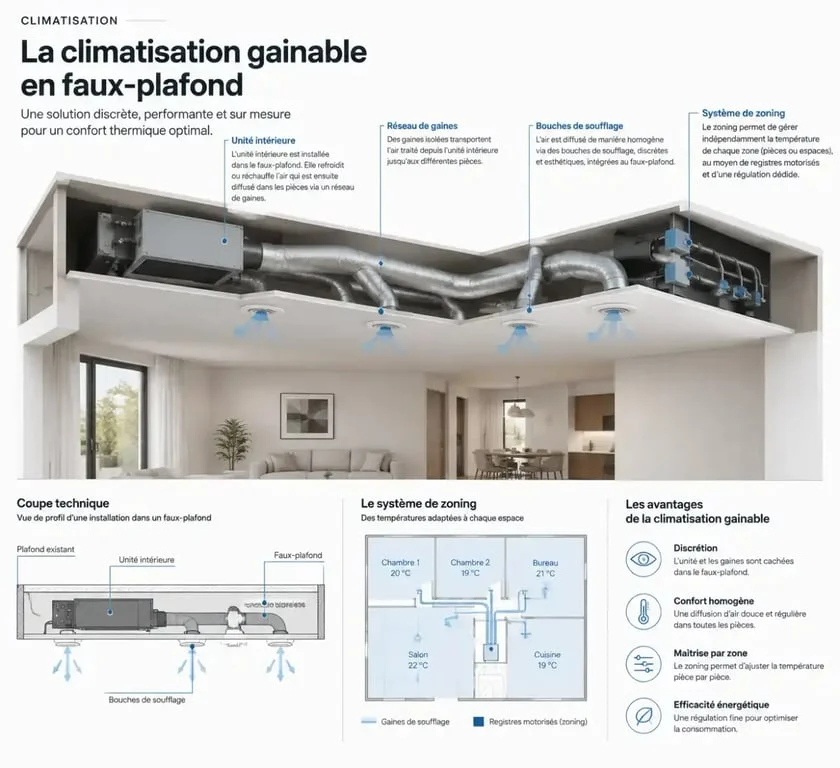 Schéma d'installation d'une climatisation gainable avec réseau de gaines et zoning