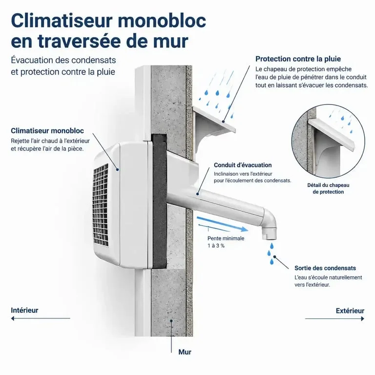 Schéma technique d'installation d'une climatisation monobloc avec inclinaison du conduit