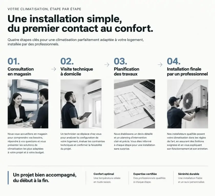 Étapes de l'installation d'une climatisation avec Leroy Merlin : de la visite technique à la mise en service.