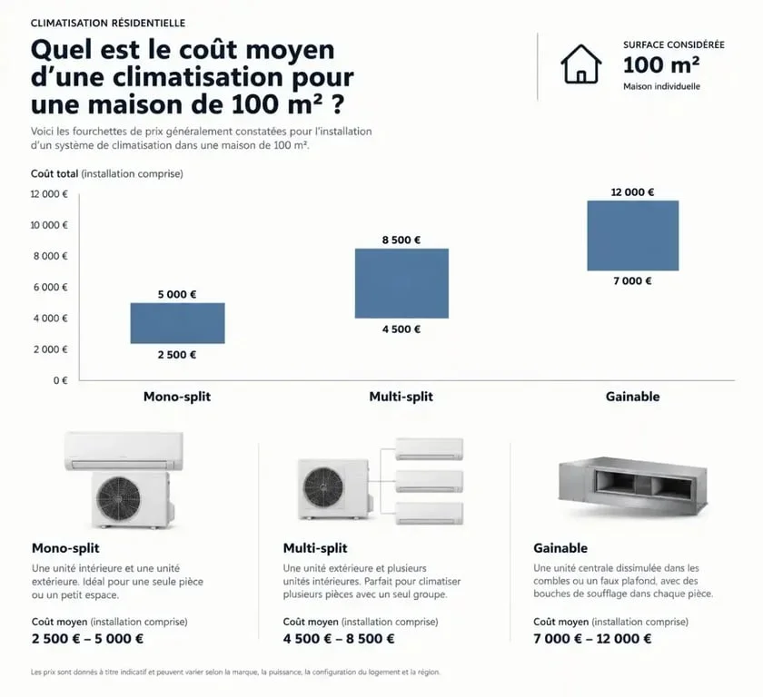 Graphique comparatif des prix d'installation d'une climatisation pour une maison de 100m2