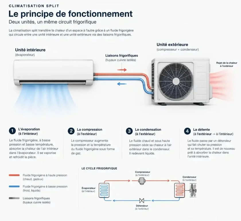 Schéma de fonctionnement d'une installation de climatisation Qlima split