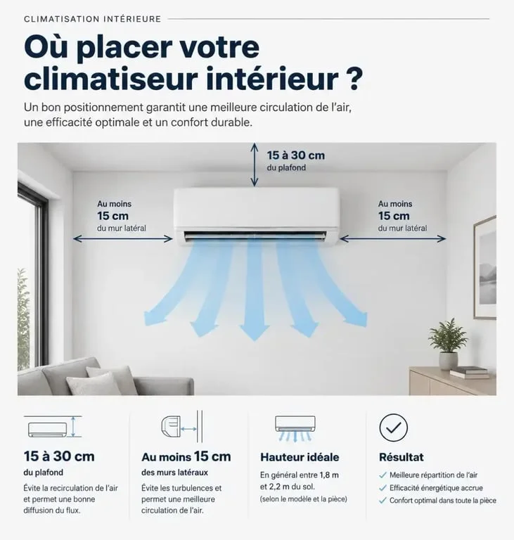 Schéma des distances recommandées pour l'installation climatisation Samsung unité intérieure