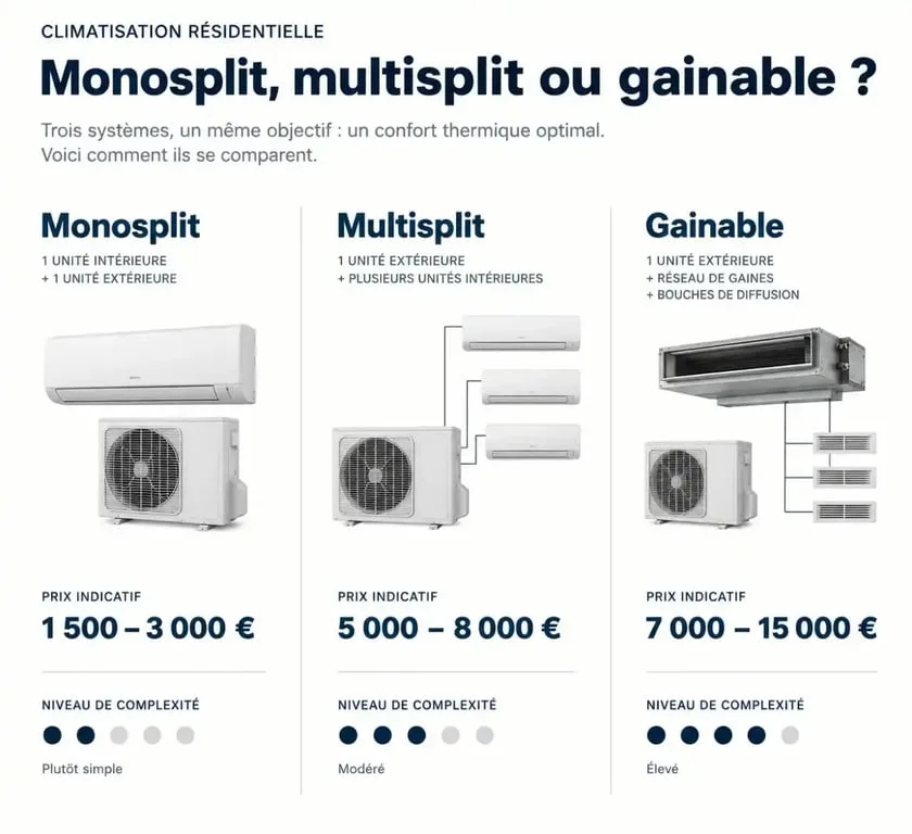 Comparatif des prix d'installation de climatisation selon le système : monosplit, multisplit et gainable