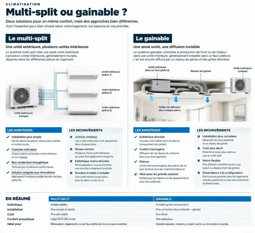 Comparatif climatisation multi-split vs gainable pour le prix installation climatisation multi split