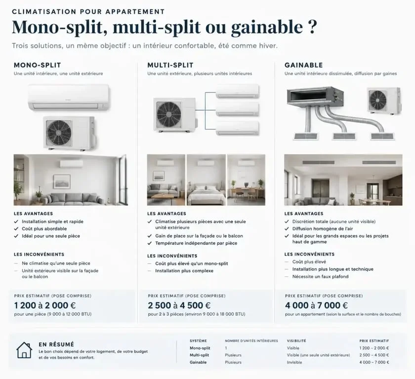 Comparatif des systèmes de climatisation pour appartement et prix d'installation